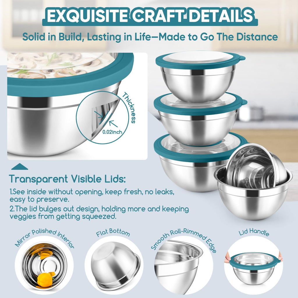 Herogo 5-Piece Mixing Bowls with Airtight Clear Lids, 3 Grater Attachments, Stainless Steel Large Bowls of 5 for Kitchen, Size 4.6, 3.5, 2.5, 2, 1.5QT Ideal for Mixing and Serving, Blue