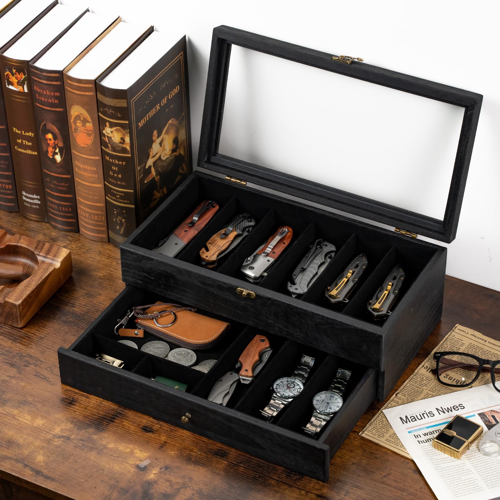 Yoimori 2-Layer Pocket Knife Case Display & Storage, Solid Wood Knife Case for Collections, Gift for Boyfriend, Fathers Day, Birthday Gifts (Black)