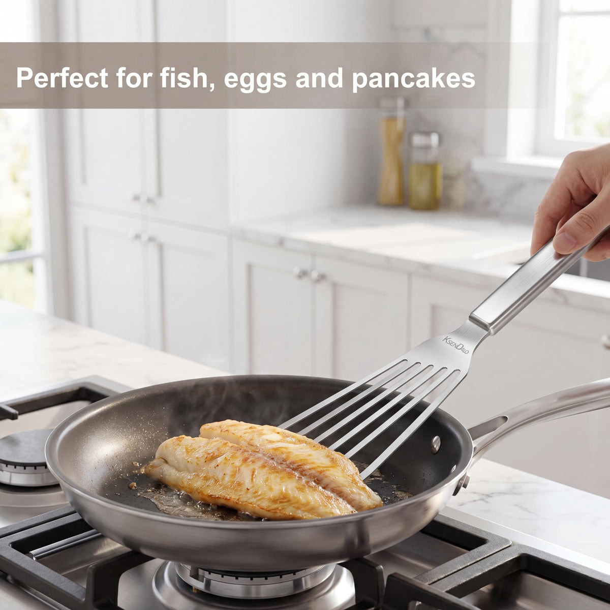 KSENDALO Thin Sturdy Fish Spatula Stainless Steel for Kitchen-Silver