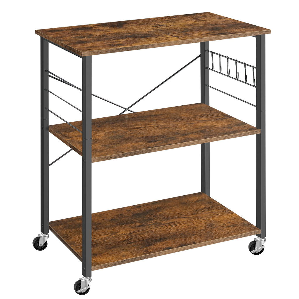 VASAGLE Kitchen Shelf on Wheels, 31.5 Inches Serving Cart with 3 Shelves, Kitchen Cart, Microwave Shelf, for Mini Oven, Toaster, with 6 Hooks, Industrial Style, Rustic Brown and Ink Black UKKS067K01