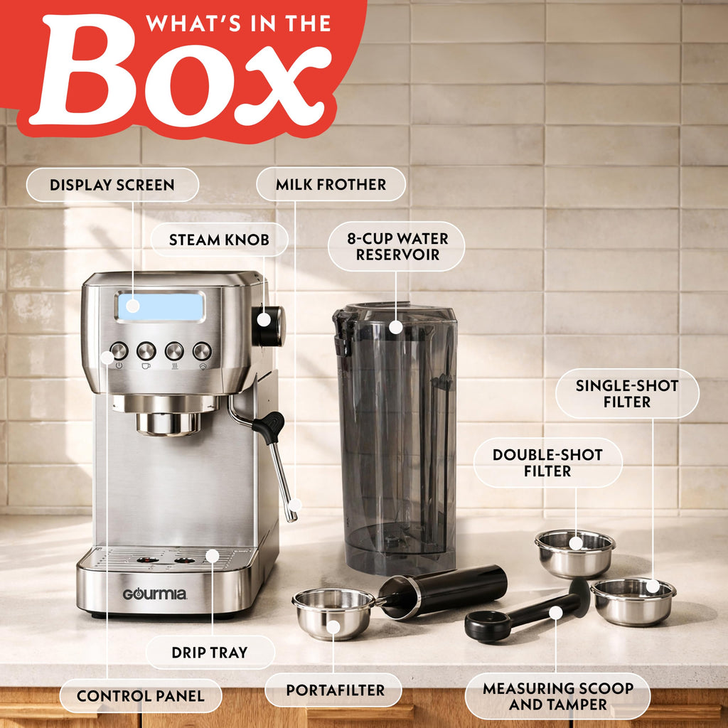 Gourmia Slim Espresso Machine with LCD Screen - Milk Frother, Adjustable Temperature, Manual & Auto Brew, Single/Double Shot, Hot Water Dispenser, Descaling Mode, Compact