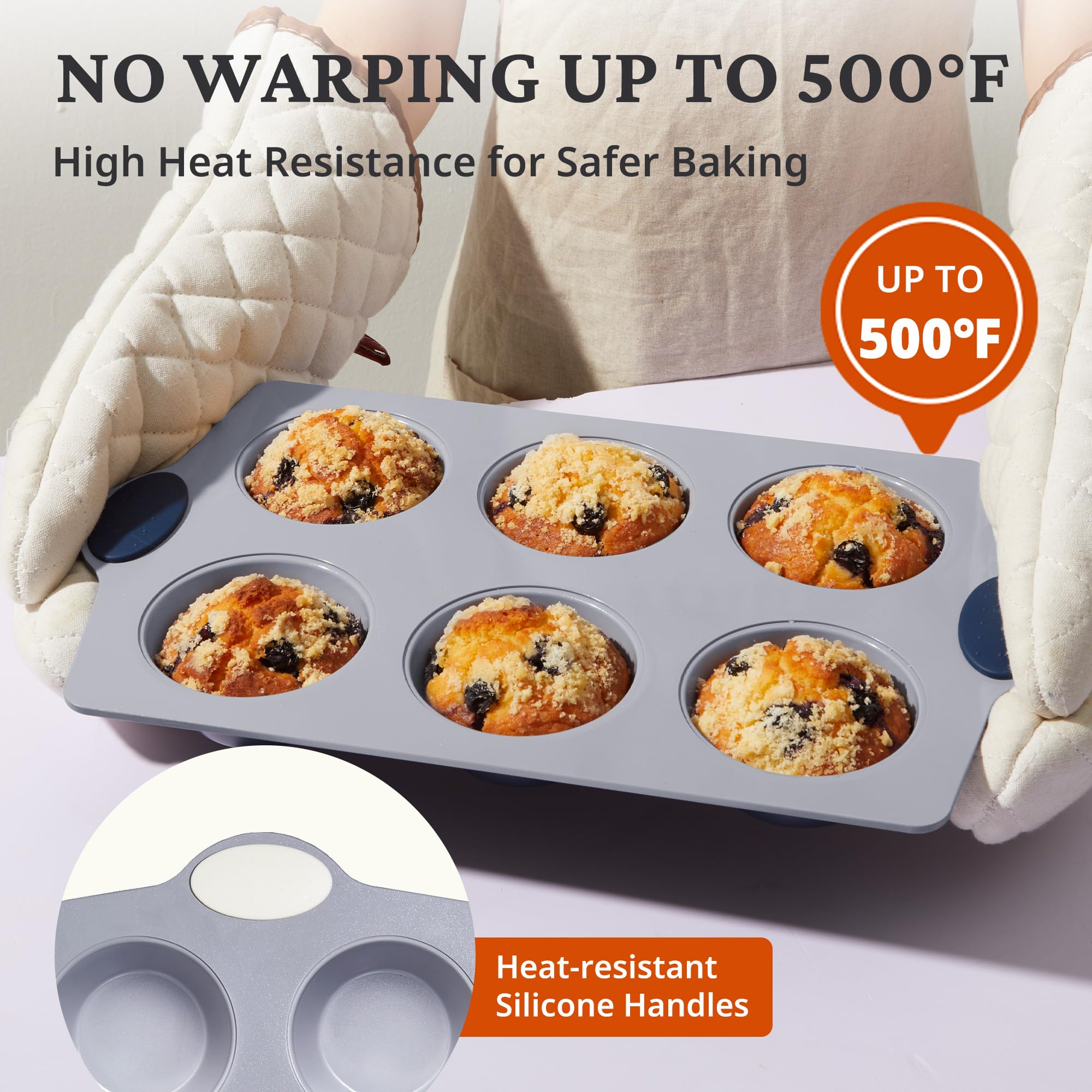 BRONYPRO 2-Pack 6-Cup Non Toxic Nonstick Ceramic Jumbo Muffin Pan & Cupcake Tin, PFOA & PFOA Free, Heavy Duty Rust-Resistant Aluminized Steel, Oven Safe, Cream White