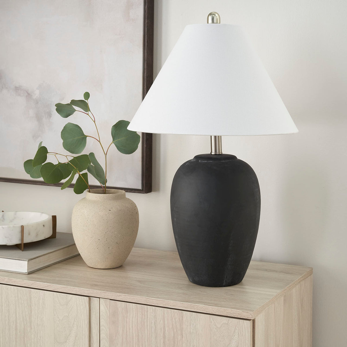 Nourison Home 23" Coastal Blue Ceramic Pot Table Lamp for Bedroom, Living Room, Dining Entryway, with White Shade