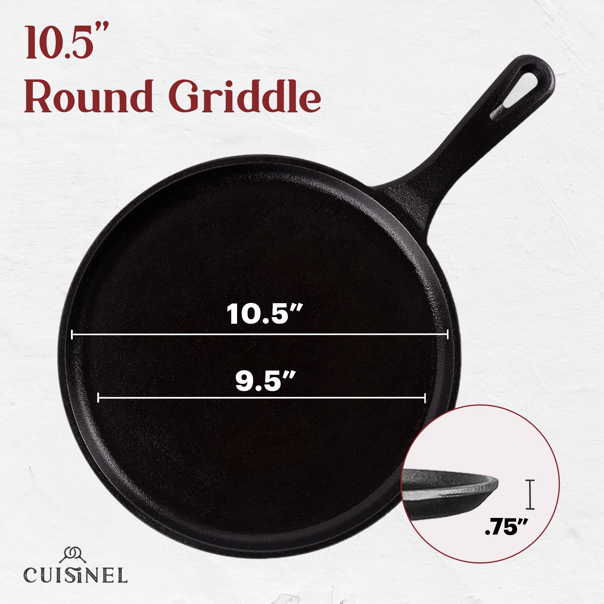 Cast Iron Round Griddle - 10.5”-Inch Crepe Maker Pan + Silicone Handle Cover - Pre-Seasoned Comal for Tortillas Flat Skillet - Dosa Tawa Roti Grill - Oven, Stovetop, BBQ, Fire, Smoker, Induction Safe
