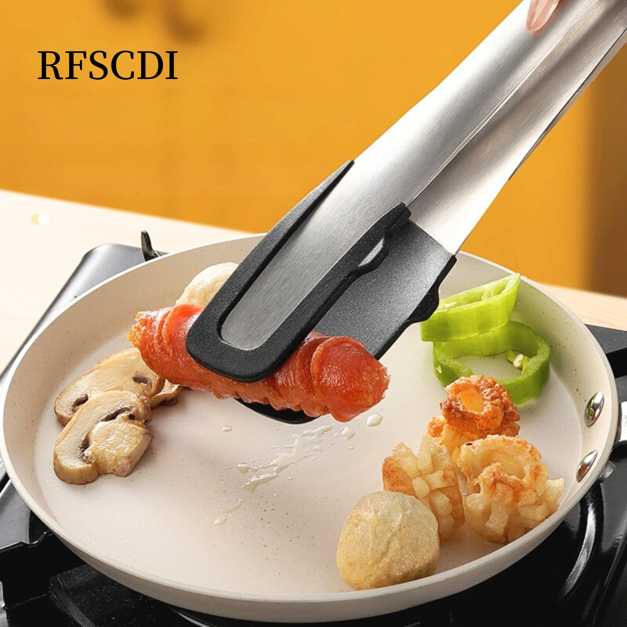 RFSCDI Heat-Resistant Kitchen Tongs and Basting Brush Set - 600℉ Stainless Steel Cooking Tongs with Metal Locking Mechanism - Ideal for Cooking, Grilling Steak, Baking Bread, and BBQ,(Silver 2Pcs)