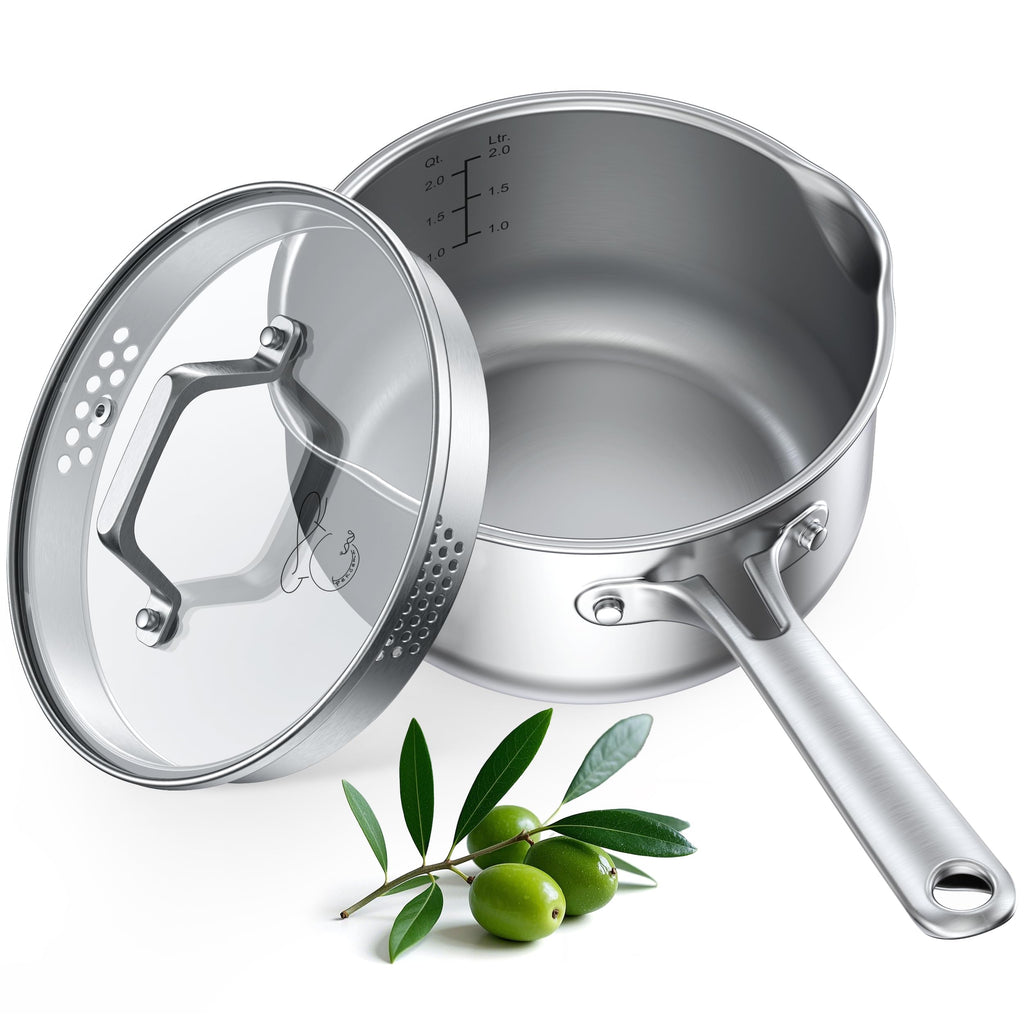 PekGema 2.5QT Saucepan w/Glass Strainer Lid, Tri-Ply Stainless Steel