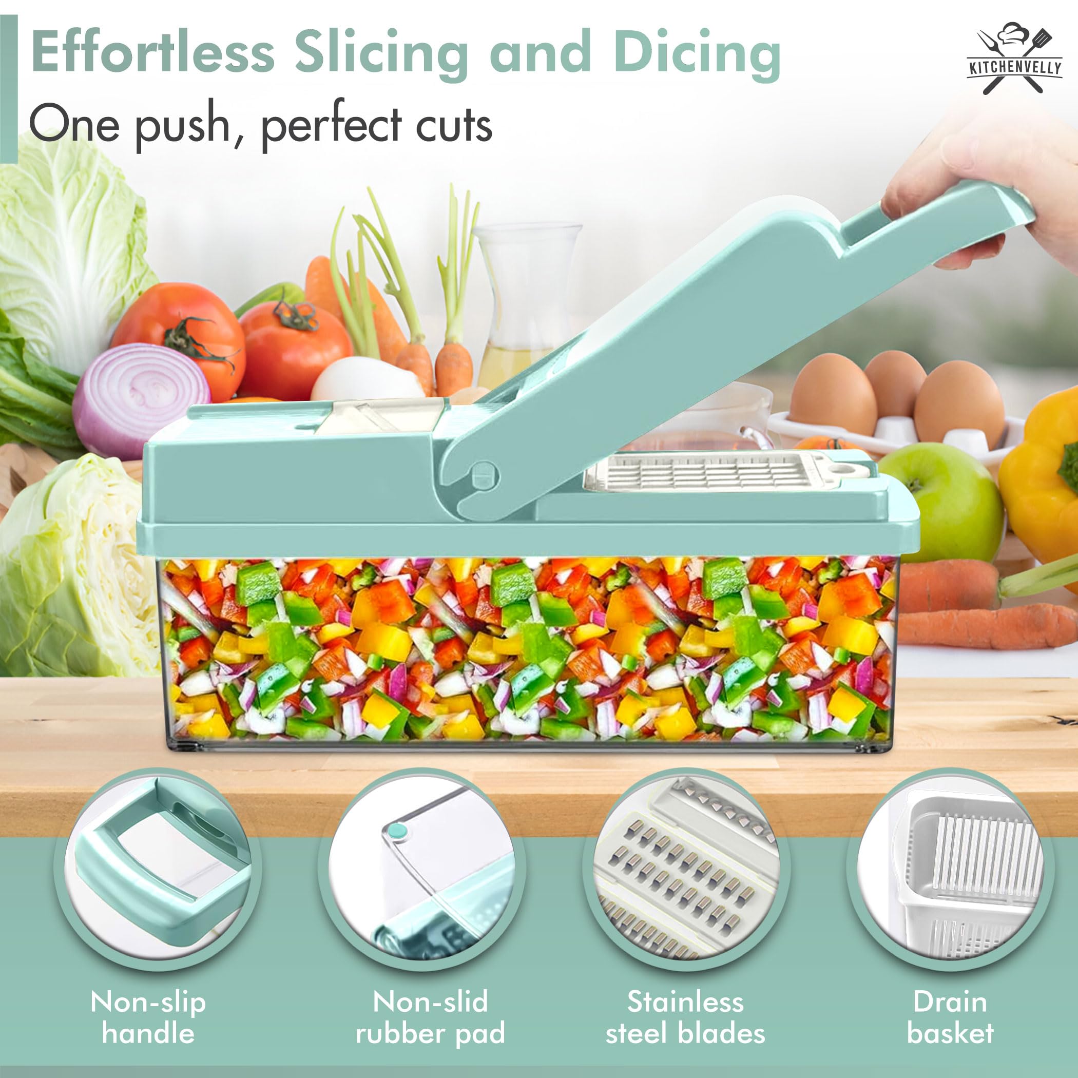 Kitchenvelly Vegetable Chopper 16 in 1 with Container, Veggie Chopper Food Chopper and Dicer, Onion Chopper Vegetable Cutter with 8 Stainless Steel Blades, Easy Meal Prep Kitchen Tool, Blue