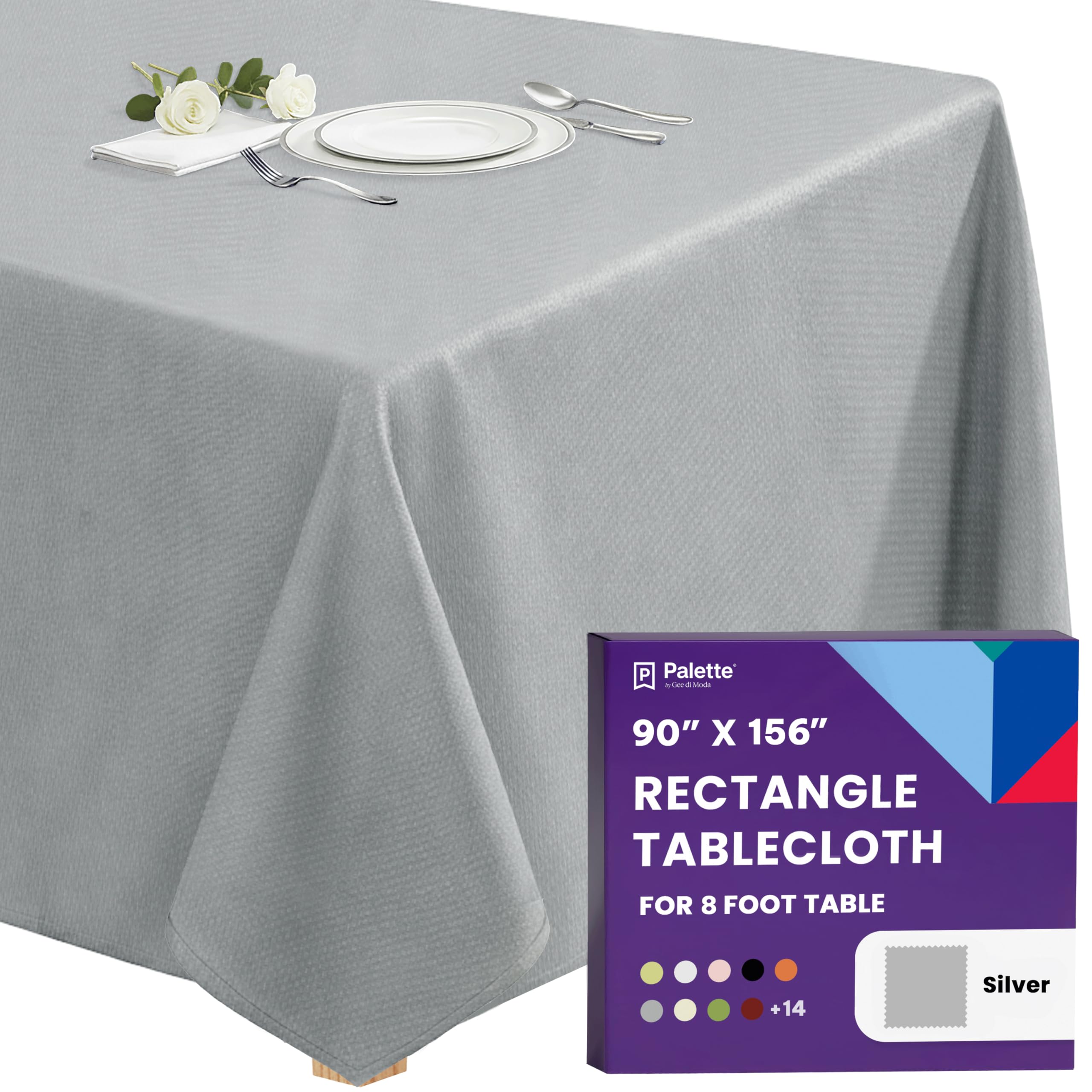 Gee Di Moda Rectangle Tablecloth - 90 x 156 Inch Silver Table Cloth for 8 Foot Tables with Floor-Length Drop - Heavy Duty Washable Fabric for Holiday Party, Dinner, Weddings & Baby Shower