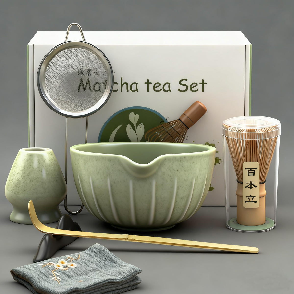 Matcha Bowl and Tea Whisk Set, 7-Piece Collection: 19-ounce ceramic bowl, whisk stand, bamboo scoop with scoop holder, tea strainer, and tea towel. Complete matcha ceremony set.