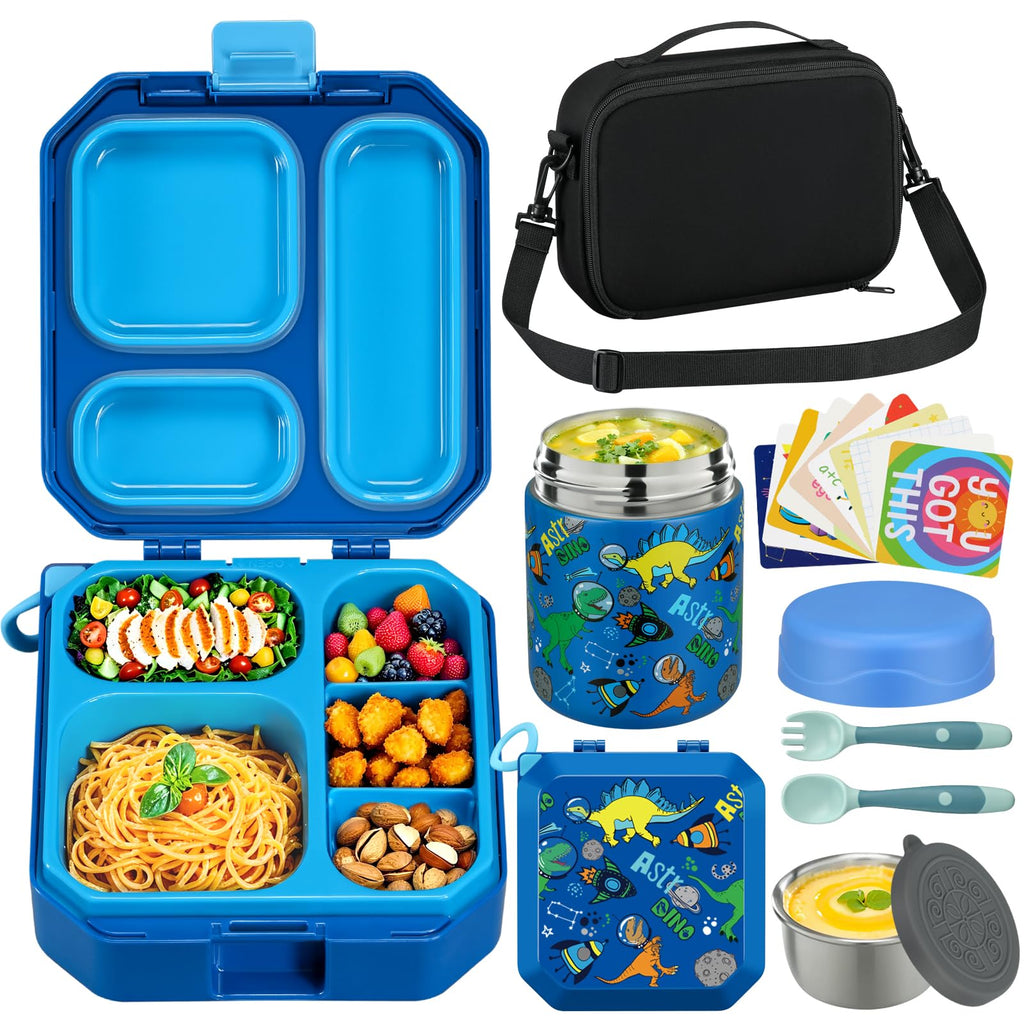 Itslife Bento Lunch Box Set for Kids with 12oz Soup Thermo&Lunch Bag, Leak-Proof Lunch Food Containers for Kids School, 5 Compartment, Sauce Cup, 10 Notes (Grey Dinosaurs)