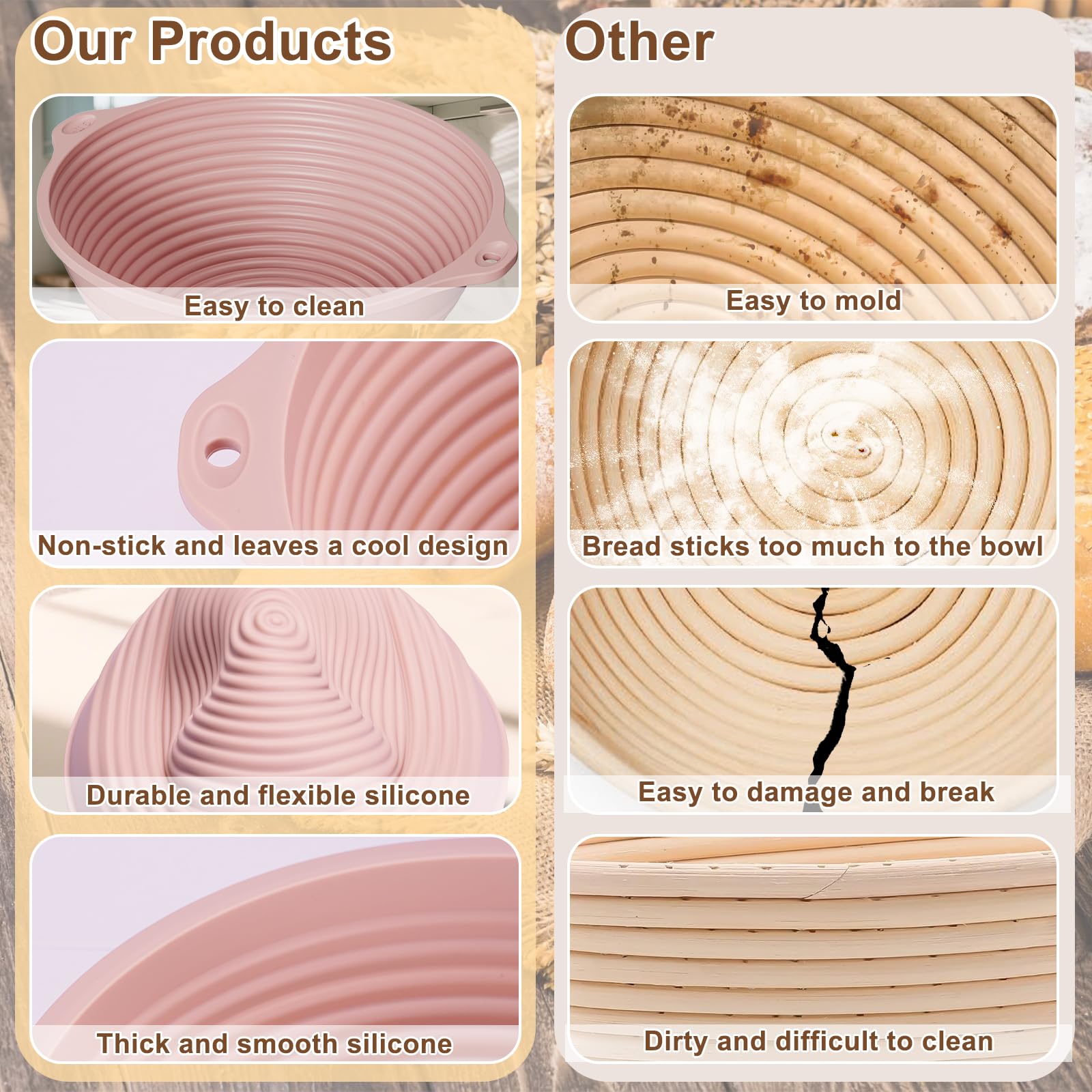 4Pcs Silicone Banneton Bread Proofing Baskets for Sourdough with Handles