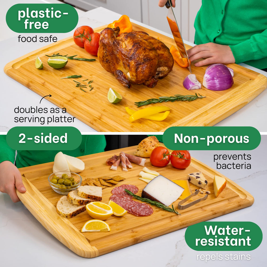 HUGE 24 Inch Bamboo Cutting Board with Lifetime Replacement - 2XL Extra Large Wooden Butcher Block for Kitchen, Stove Top, Meat, Vegetables, and Charcuterie with Deep Juice Grooves