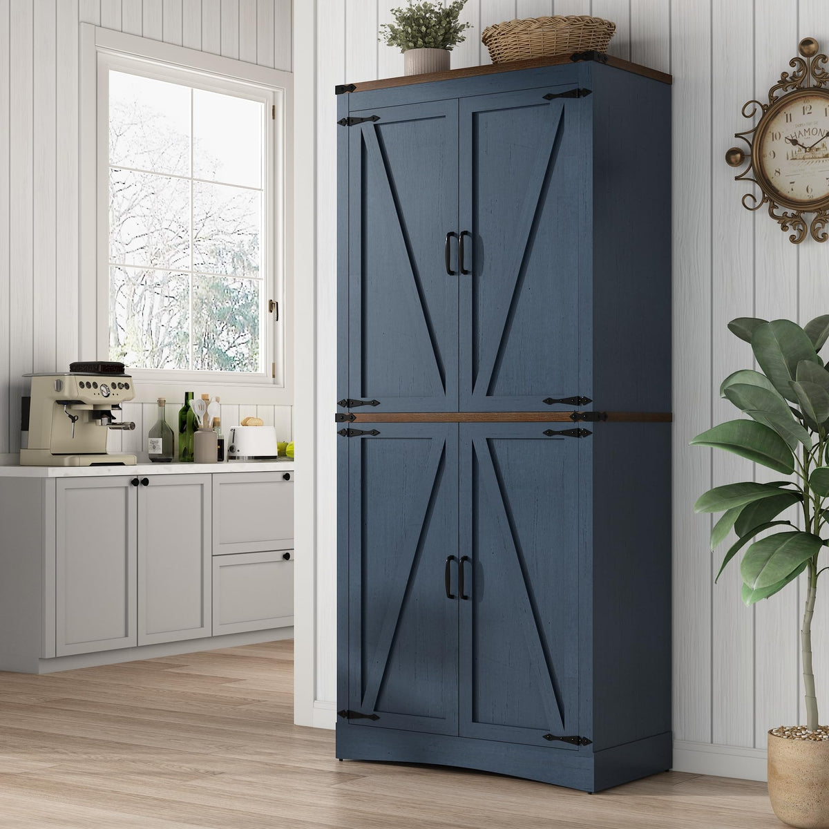 71in Farmhouse Kitchen Pantry Cabinet,Tall Storage Cabinet with 4 Doors and Adjustable shelves,with Load-Bearing Steel Pipe,Wood Storage Cabinets for Kitchen,Dining Room,Bathroom(Light Rustic Oak)