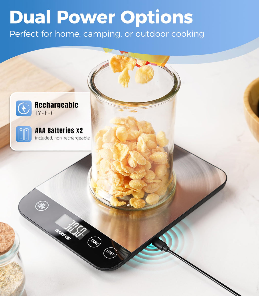 BakFee Food Scale, 33lb Kitchen Scale, 1g Precision, USB-C Charging, Black