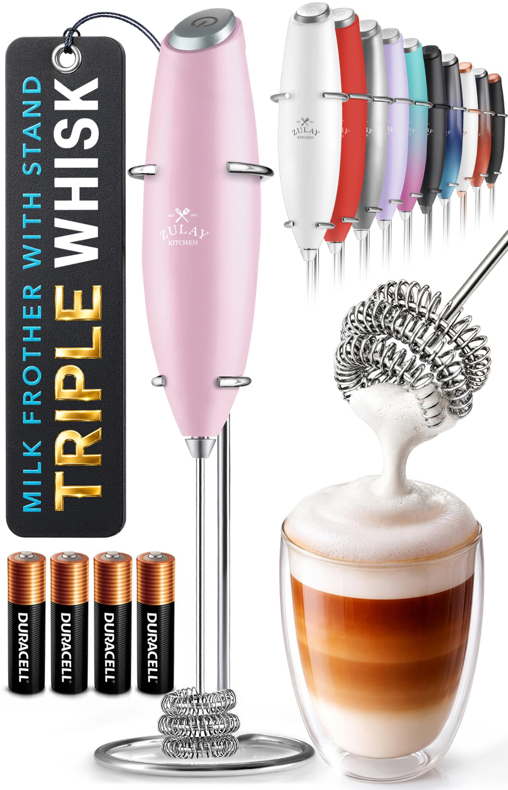 Zulay Kitchen Powerful Milk Frother Wand With Duracell Batteries - Ultra Fast Handheld Drink Mixer - Electric Whisk Foam Maker for Coffee, Lattes, Cappuccino & Matcha - Z1 Motor - Aqua