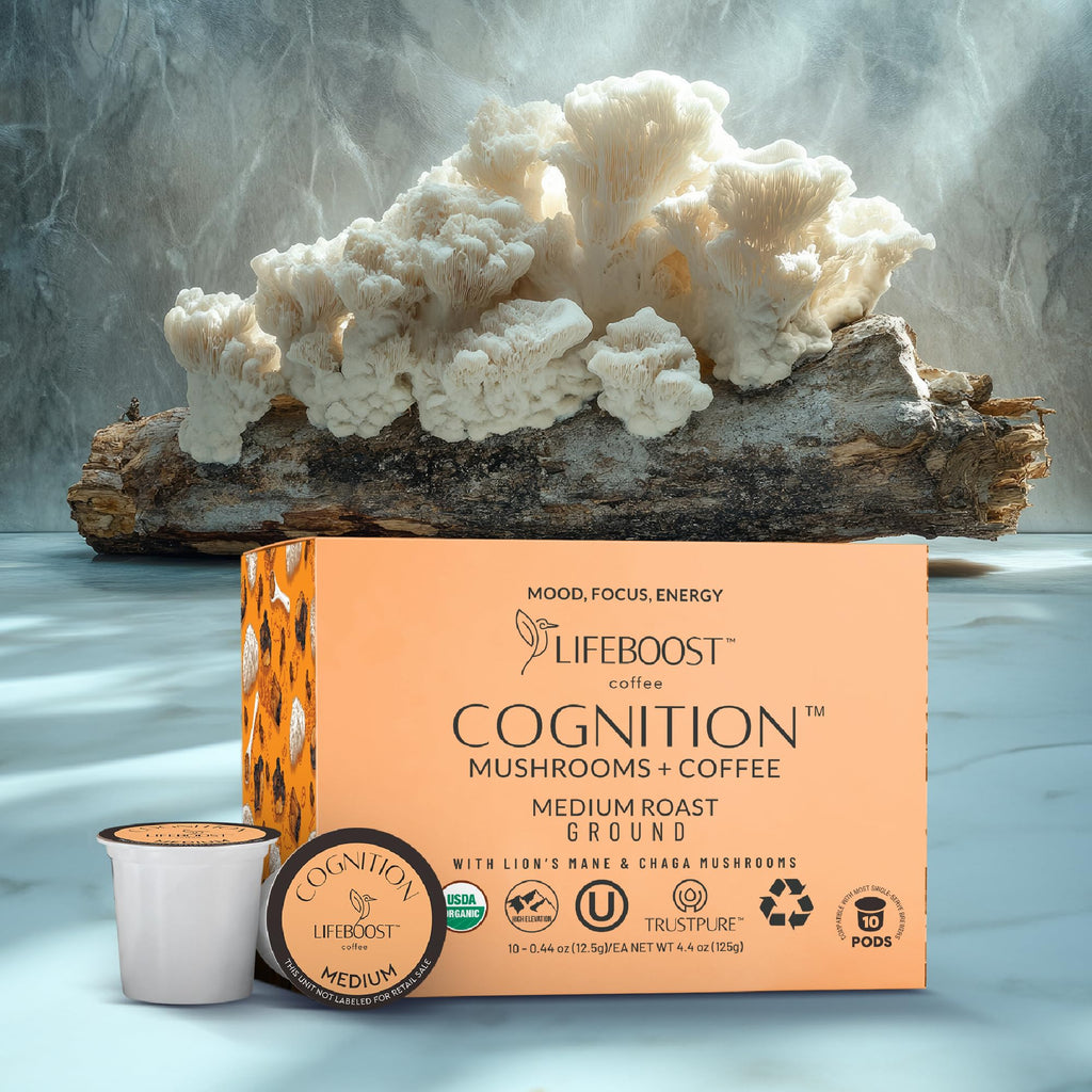 Lifeboost Cognition Mushroom Coffee Pods – Organic Low Acid K-Cups with Lion’s Mane & Chaga Adaptogens – Nootropic Coffee for Energy, Focus & Immune Support – 10 Count