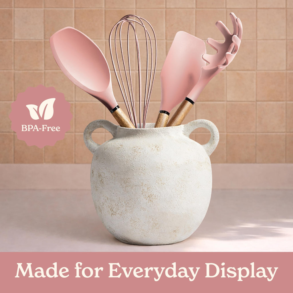 Country Kitchen Non Stick Silicone Utensil Set with Rounded Wood Handles for Cooking and Baking, 8 Piece Set, Pink