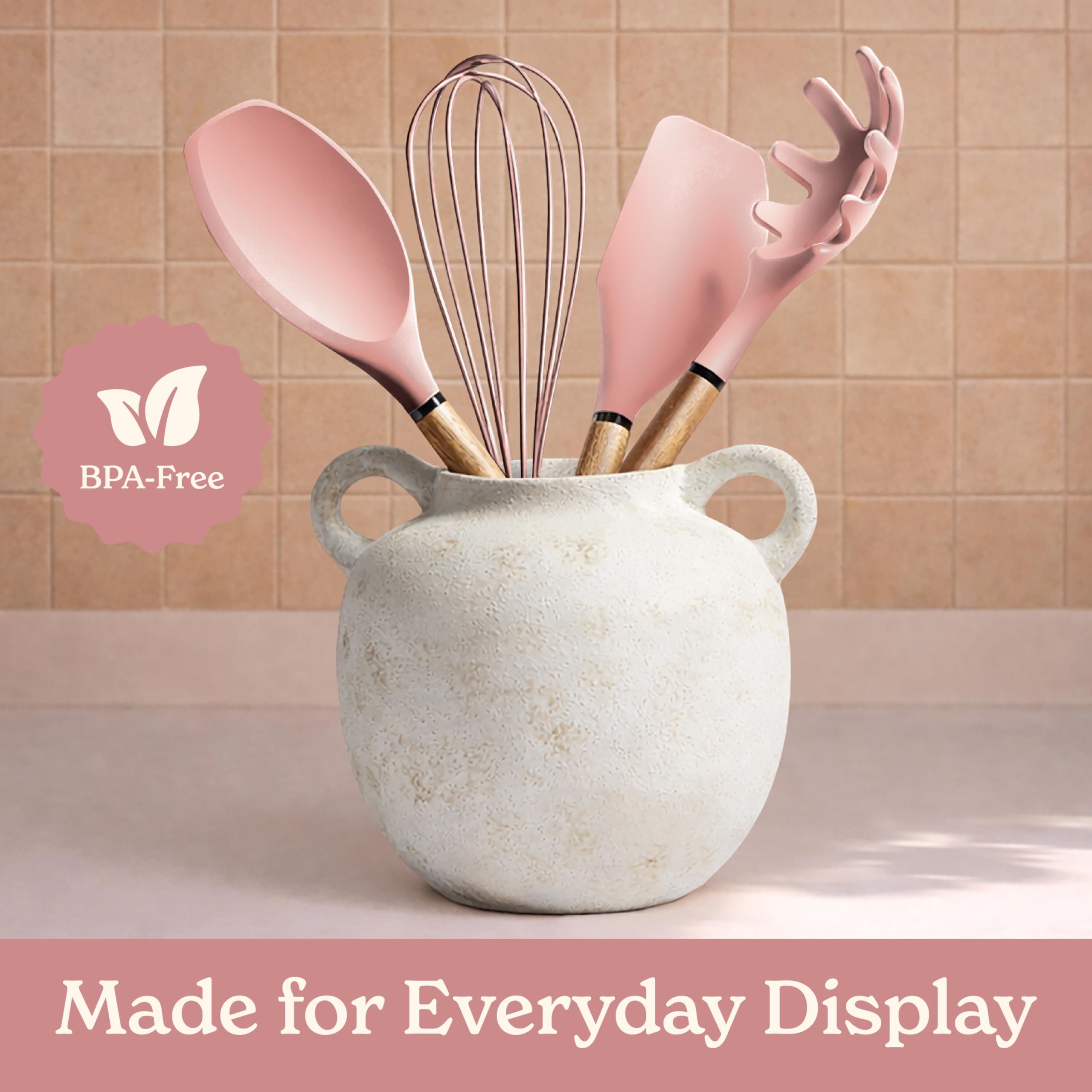 Country Kitchen Non Stick Silicone Utensil Set with Rounded Wood Handles for Cooking and Baking, 8 Piece Set, Pink