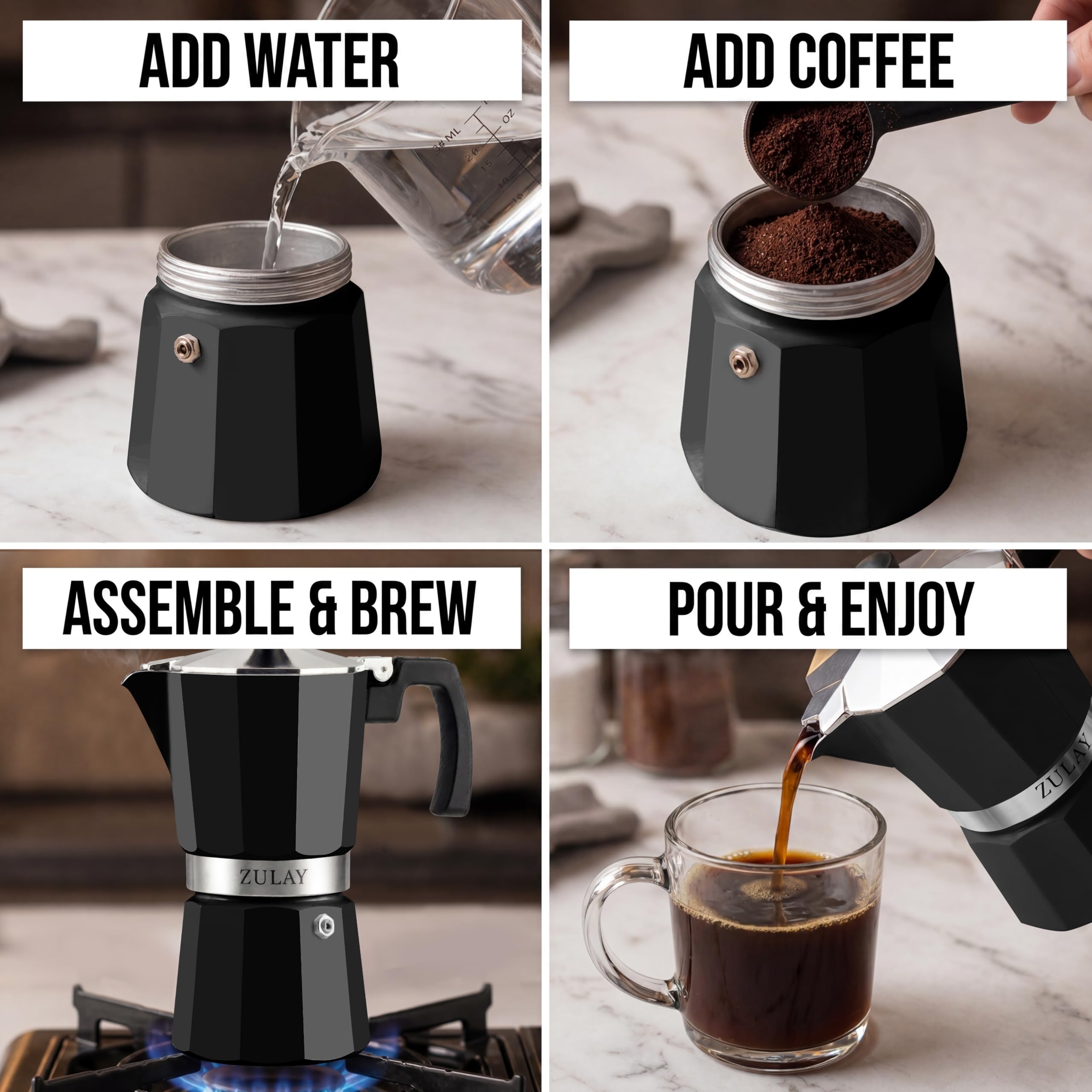 Zulay Moka Pot Espresso Stovetop Coffee Maker - Leak-Proof, Stainless Steel, Easy to Clean, Heat Resistant Handle & Knob - for Authentic Cuban & Italian Style Espresso - Makes 9 Espresso Cups - Black