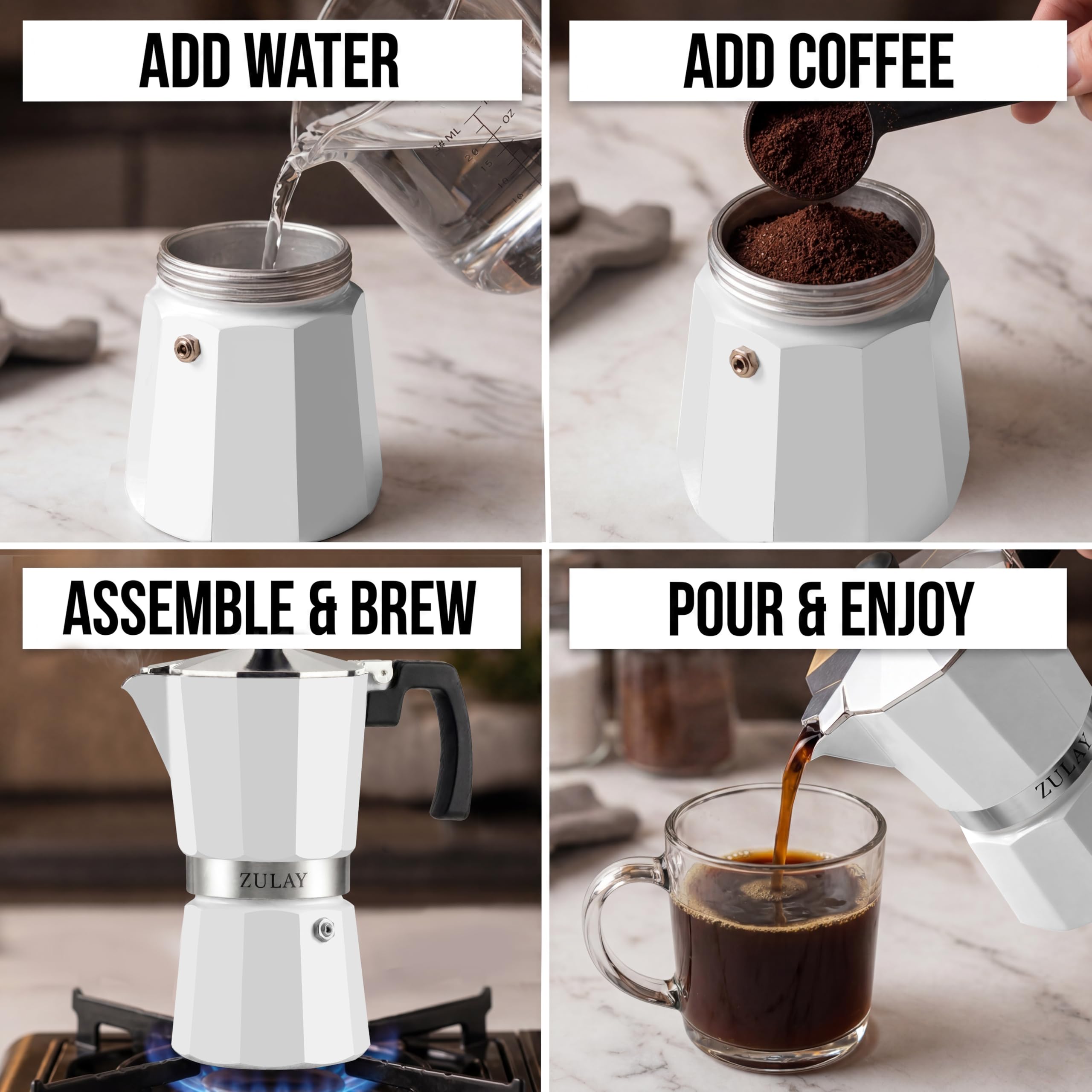 Zulay Moka Pot Espresso Stovetop Coffee Maker - Leak-Proof, Stainless Steel, Easy to Clean, Heat Resistant Handle & Knob - for Authentic Cuban & Italian Style Espresso - Makes 12 Espresso Cups - White