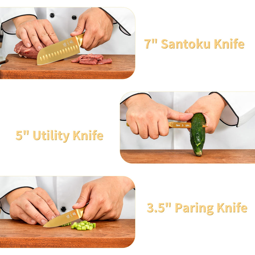 ZHANG XIAO QUAN Gold Knife Set with White Block, High Carbon Stainless Steel Sharp Blades, Built-in Sharpener Kitchen Knife Block Set for Home Cooking