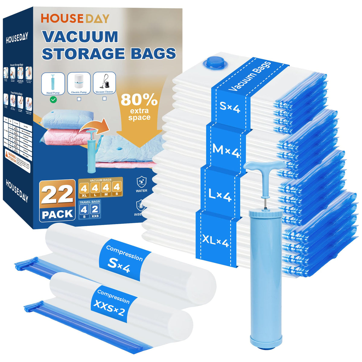 HOUSE DAY 22 Pack Vacuum Storage Bags with Pump,Space Saving Vacuum Seal Bags For Clothing Travel,4 Jumbo/4 Large/4 Medium/4 Small, 2S/2XS/2XXS Roll Up Bags, Hand Pump Included, Sealer Clothes Storage