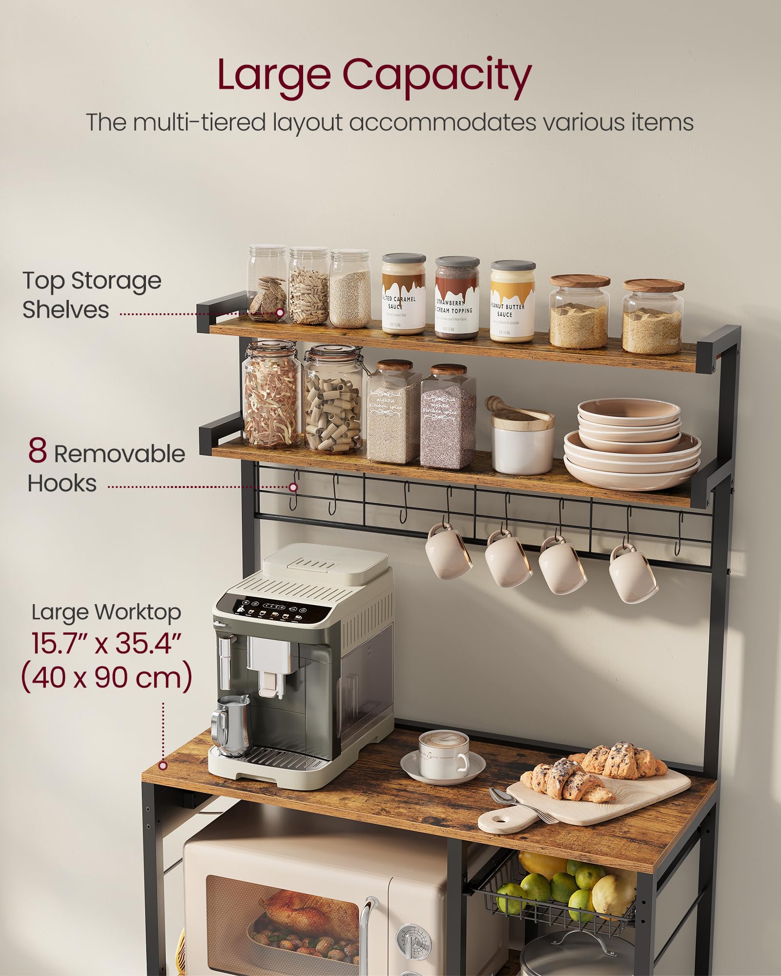 VASAGLE Bakers Rack with Power Outlet, 35.4 Inches Microwave Stand, Coffee Bar, 4 AC Outlets, with Adjustable Shelves, 8 S-Hooks, Basket, Spice Racks, Rustic Brown and Ink Black UKKS031K01