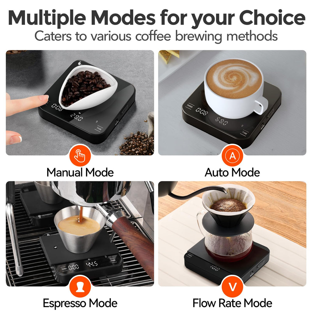 carrottimes Rechargeable Mini Coffee Scale with Timer, 2kg/0.1g Precision Espresso Scale, Portable Digital Coffee Scale w/ 4 Modes for Espresso and Pour-Over Coffee (Black)