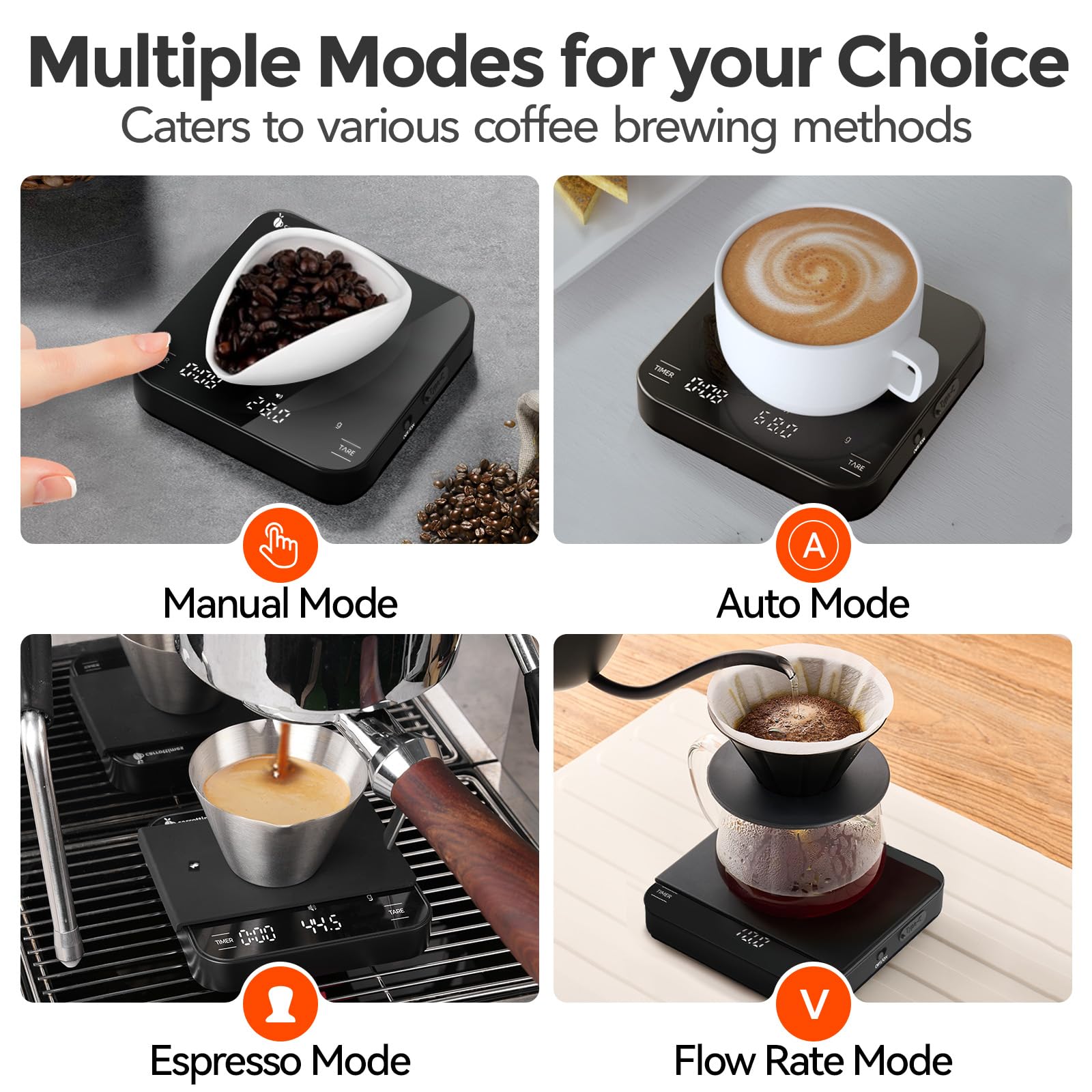 carrottimes Rechargeable Mini Coffee Scale with Timer, 2kg/0.1g Precision Espresso Scale, Portable Digital Coffee Scale w/ 4 Modes for Espresso and Pour-Over Coffee (Black)