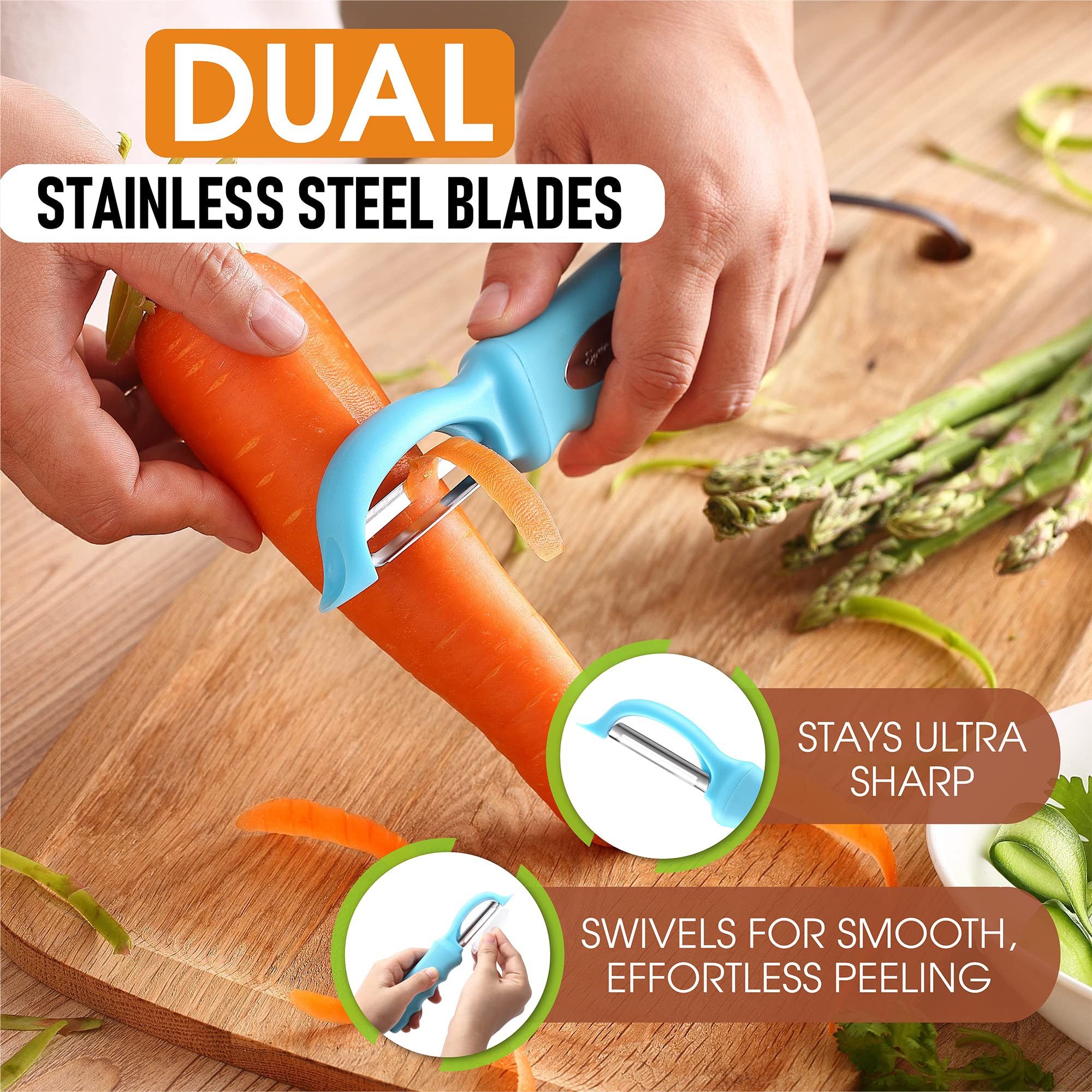 Spring Chef Swivel Potato Peeler for Kitchen w/Soft Grip Handle, Aqua Sky