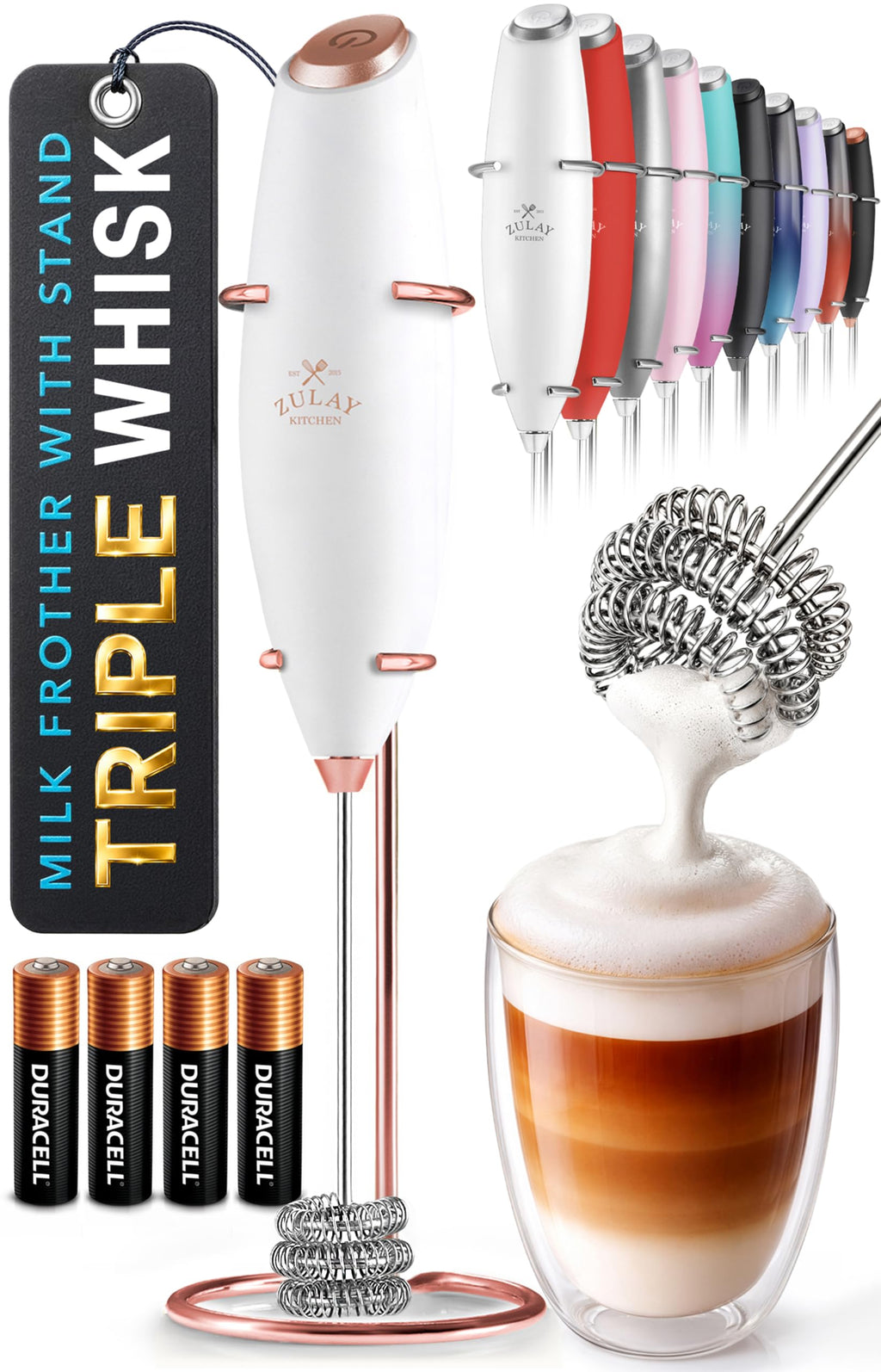 Zulay Kitchen Powerful Milk Frother Wand With Duracell Batteries - Ultra Fast Handheld Drink Mixer - Electric Whisk Foam Maker for Coffee, Lattes, Cappuccino & Matcha - Z1 Motor - Aqua