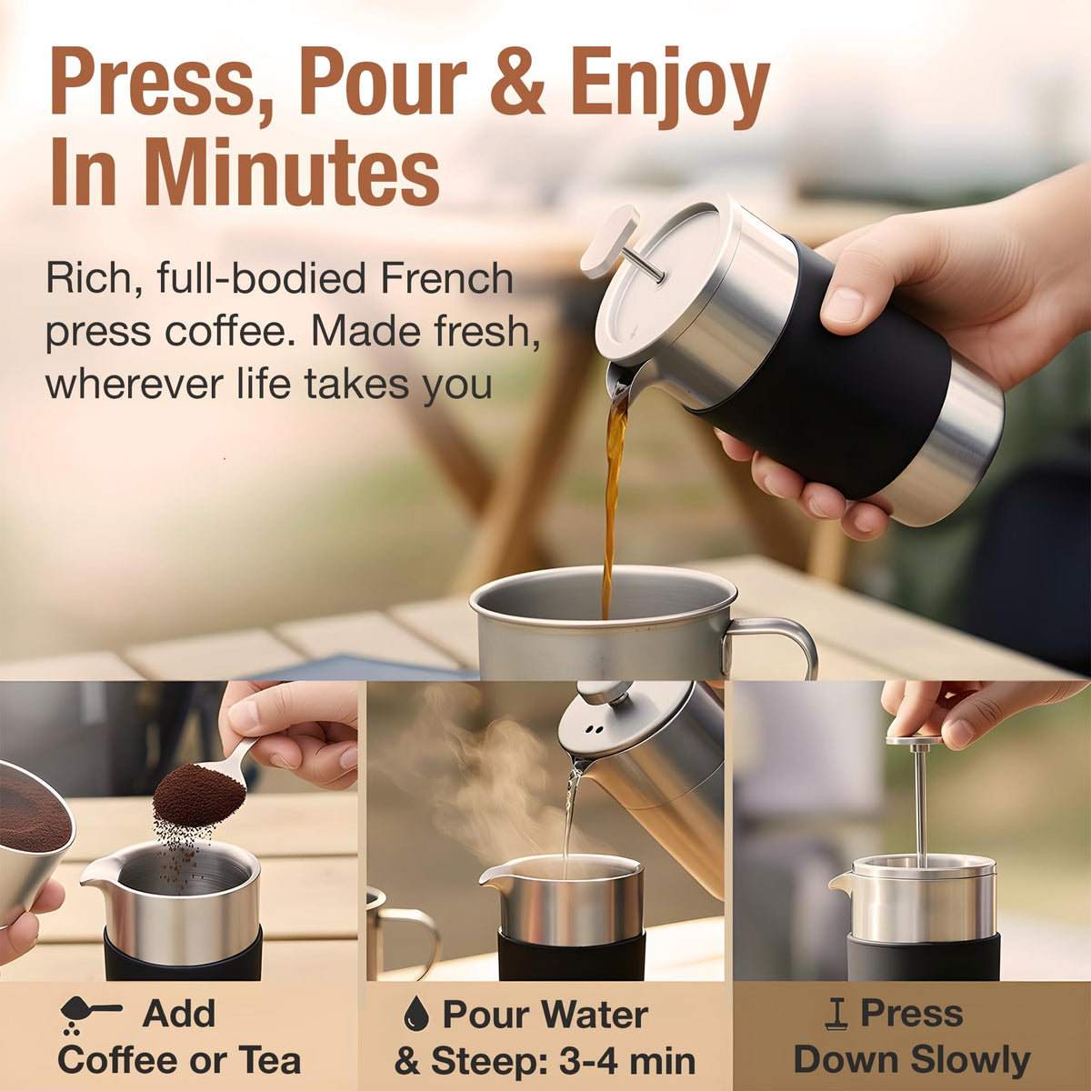 Small French Press Coffee Maker Set - 12 oz | Portable Travel French Press Coffee Maker | Double Wall Insulated with Dual Stainless Filters & 2 Steel Canisters for Grounds, Tea, Creamer & Sugar