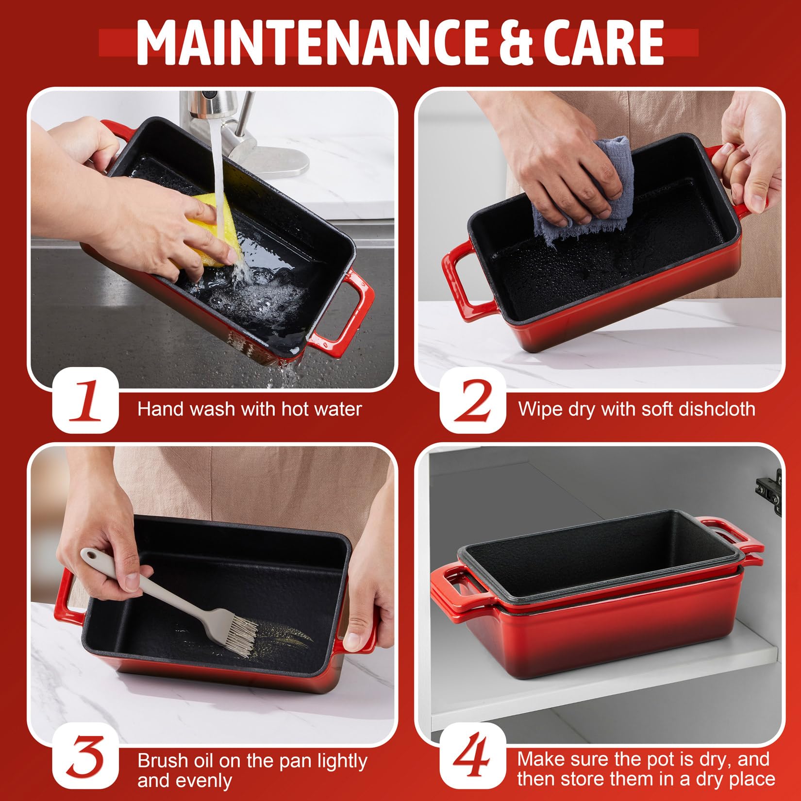 P&P CHEF 2-In-1 9 x 5 Inch Cast Iron Loaf Pan with Lid, Red