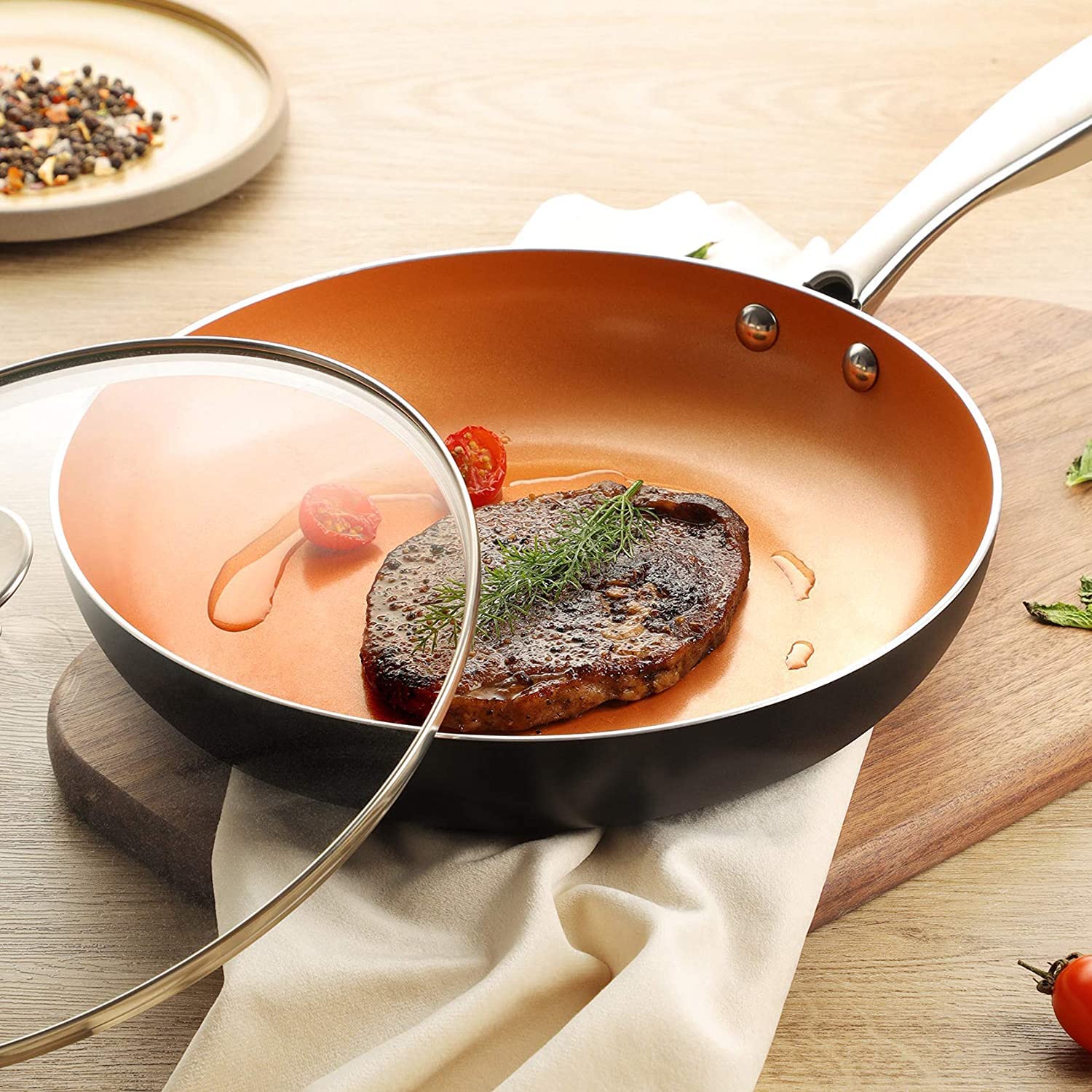 MICHELANGELO Frying Pan with Lid, Nonstick 8 Inch Frying Pan with Ceramic Titanium Coating, Copper Fry Pan with Lid, Small Fry Pan 8 Inch, Nonstick Fry Pans