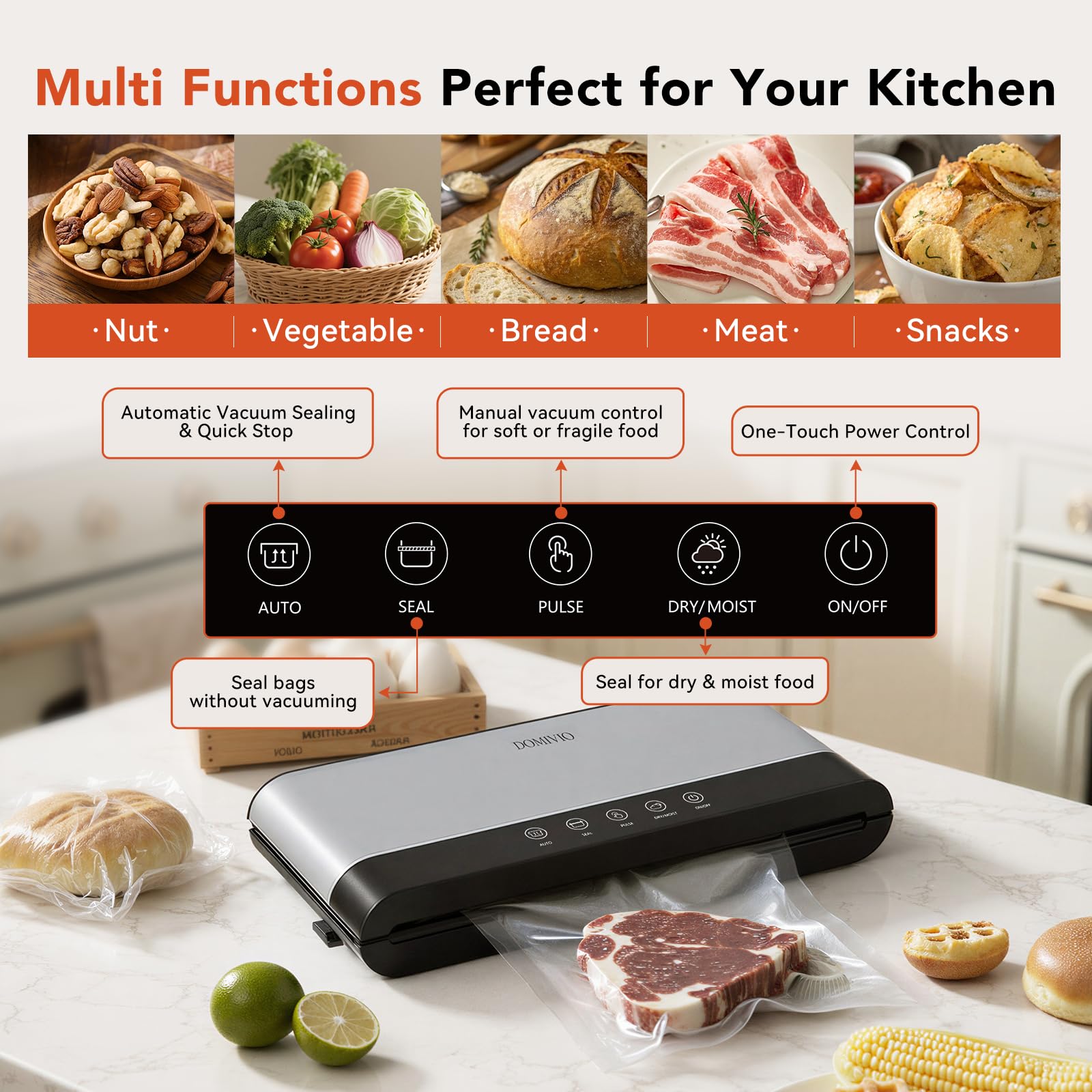 85Kpa Vacuum Sealer Machine for Food, 5-in-1 Food Saver with 20 BPA-Free Bags – Dry & Moist Modes, Compact Easy-to-Use Vacuum Sealer for Meal Prep (SJ2085)