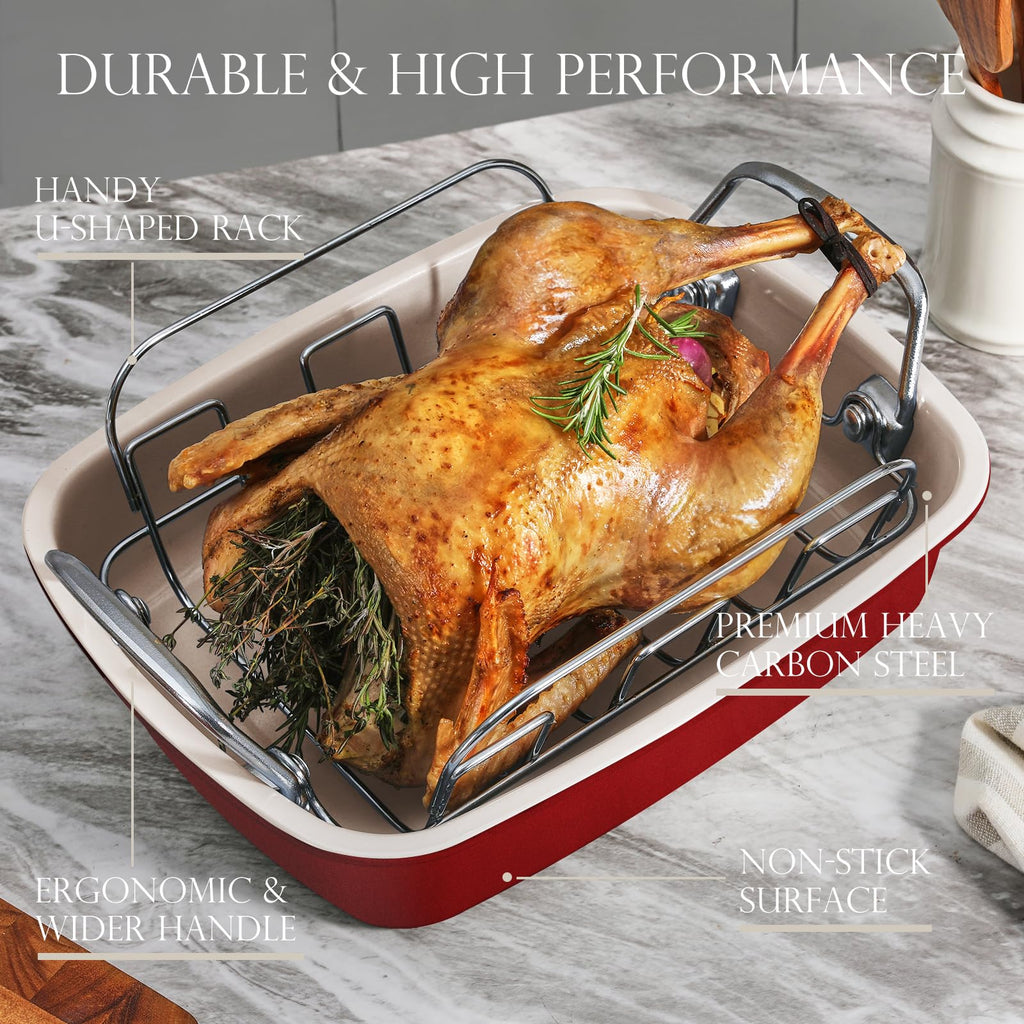 KITESSENSU Nonstick Turkey Roasting Pan with Rack 17 x 14 inch - Large Chicken Roaster Pan for Oven - Wider Handles & Heavy Duty Construction - Suitable for 24lb Turkey, Red