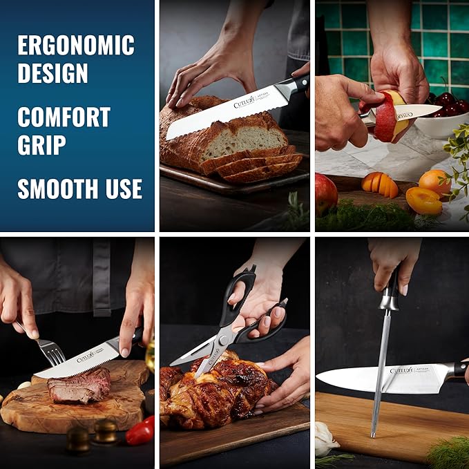 Cutluxe 15-Piece Knife Set – High Carbon German Steel Blades, Full Tang Design & Ergonomic Pakkawood Handles in Walnut Wood Block – Artisan Series