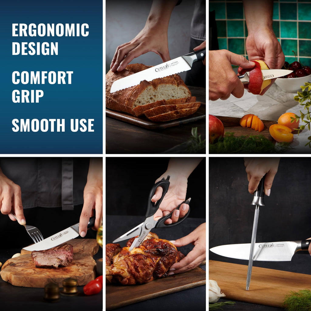 Cutluxe 15-Piece Knife Set for Kitchen – Rubberwood Block, German Steel