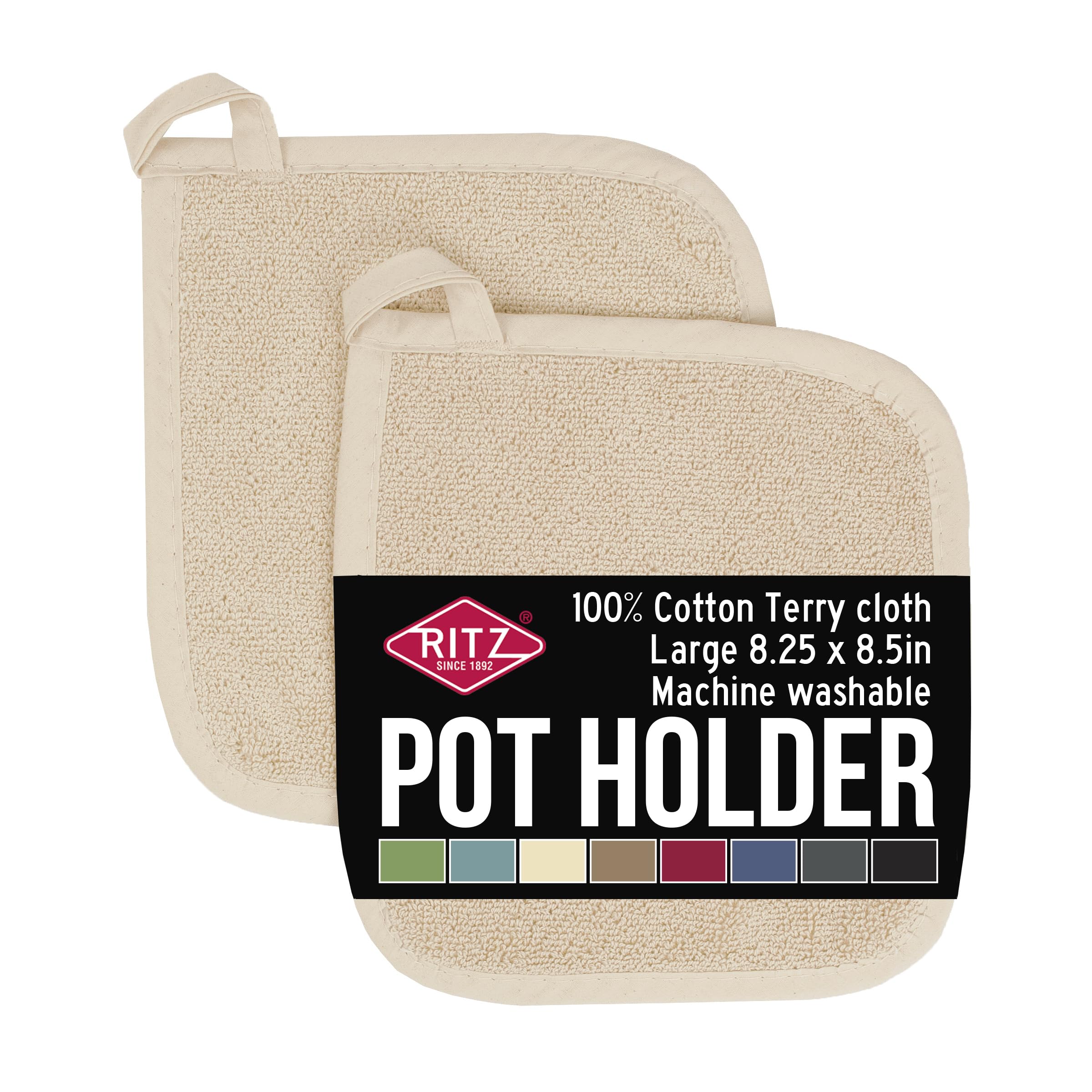 RITZ Terry Potholder & Hot Pad: Unparalleled Heat Resistant, Durable 100% Cotton – Ergonomically Designed for Optimal Grip – Easy-Care Machine Washable – 2-Pack, Latte