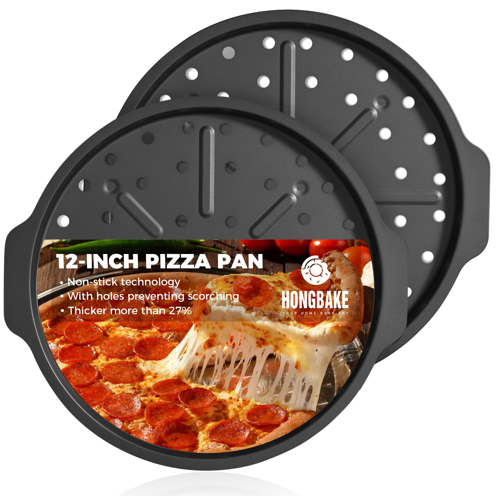 HONGBAKE 2 Pack Pizza Pan with Holes 12 Inch, Nonstick Pizza Tray for Oven with Widen Handles, Hot Air Pizza Crisper Tin, Round Baking Sheet for Frozen & Homemade Pizza, Grey
