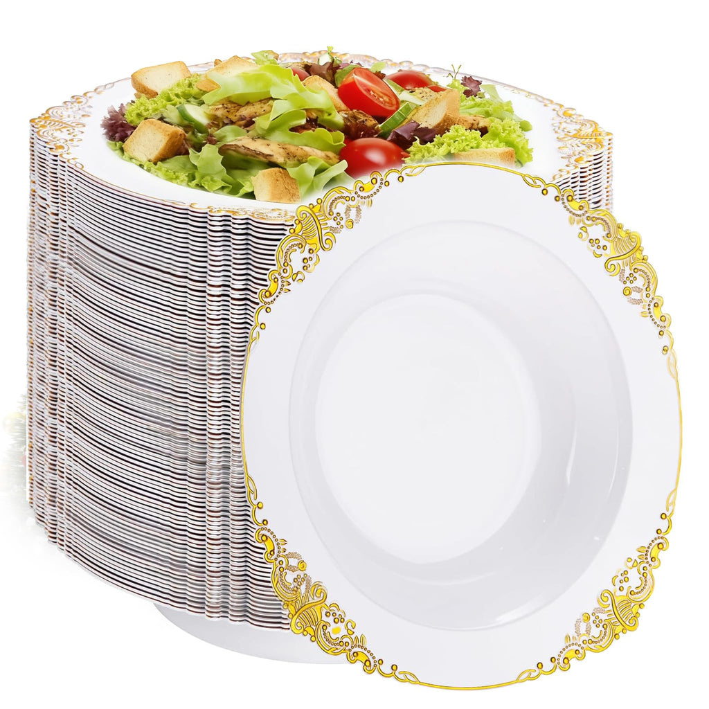 Joyido 100PCS Gold Plastic Bowls - 12 oz White Disposable Salad Bowls - Heavy Duty Soup Serving Bowl - Fancy Plastic Ice Cream Bowl for Parties, Dinners, Catering, Picnics