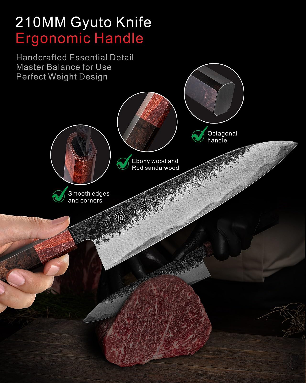 kanngou 8.27 Inch Japanese Chef Knife, 210MM Black Forged Japanese Knife with Red Sandalwood and Eboy Wood Handle, Gyuto Chefs Knives with Premium Gift Box (WA Series)