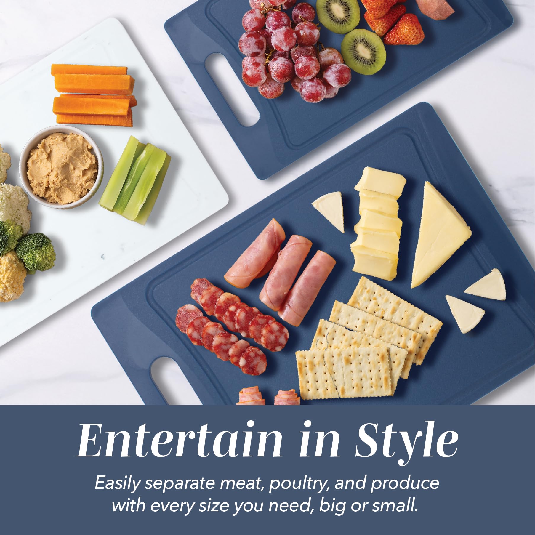 COOK WITH COLOR Non-Slip Cutting Board Set – Kitchen Essentials with Easy Grip Handle for Meat, Veggies, and Fruits, 3 Cutting Boards, Blue and White Marble