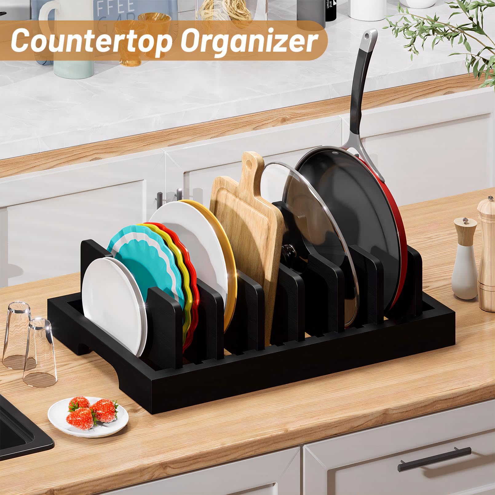 Kiasthome Bamboo Pot and Pan Organizer, Pot Lid Organizer Holder Rack for Countertop Drawer, Kitchen Cabinet Organizer with 7 Adjustable Dividers for Pots, Pans, Baking Sheets, Cutting Boards, Black