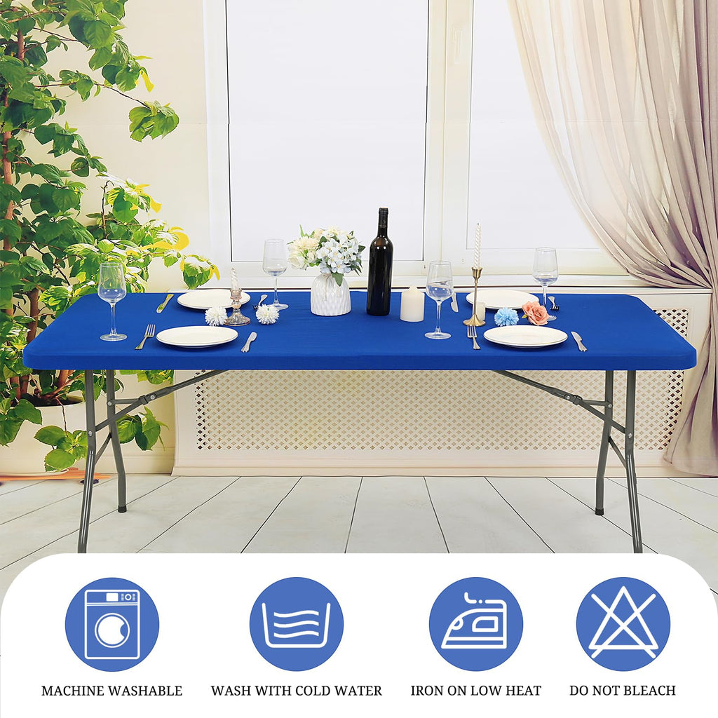 6 Pack Stretch Fabric Table Top Cap Cover, fits 8' Tables, Spandex Table Covers Washable Elastic Rectangle Tablecloth Protector for Indoor Outdoor Party Picnic Wedding, Royal Blue, 30" W x 96" L