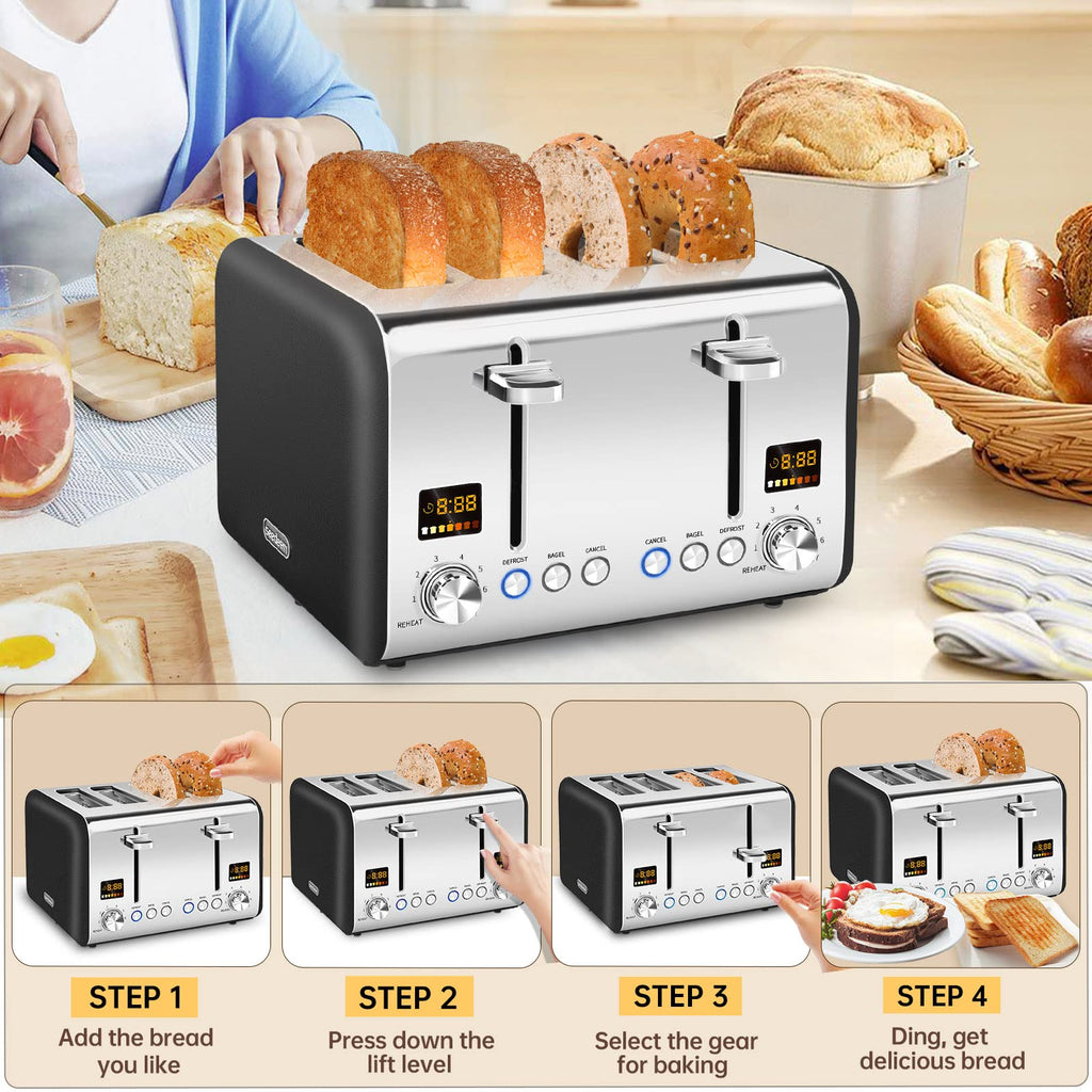 SEEDEEM 4 Slice Stainless Steel Toaster, LCD Display, Wide Slots