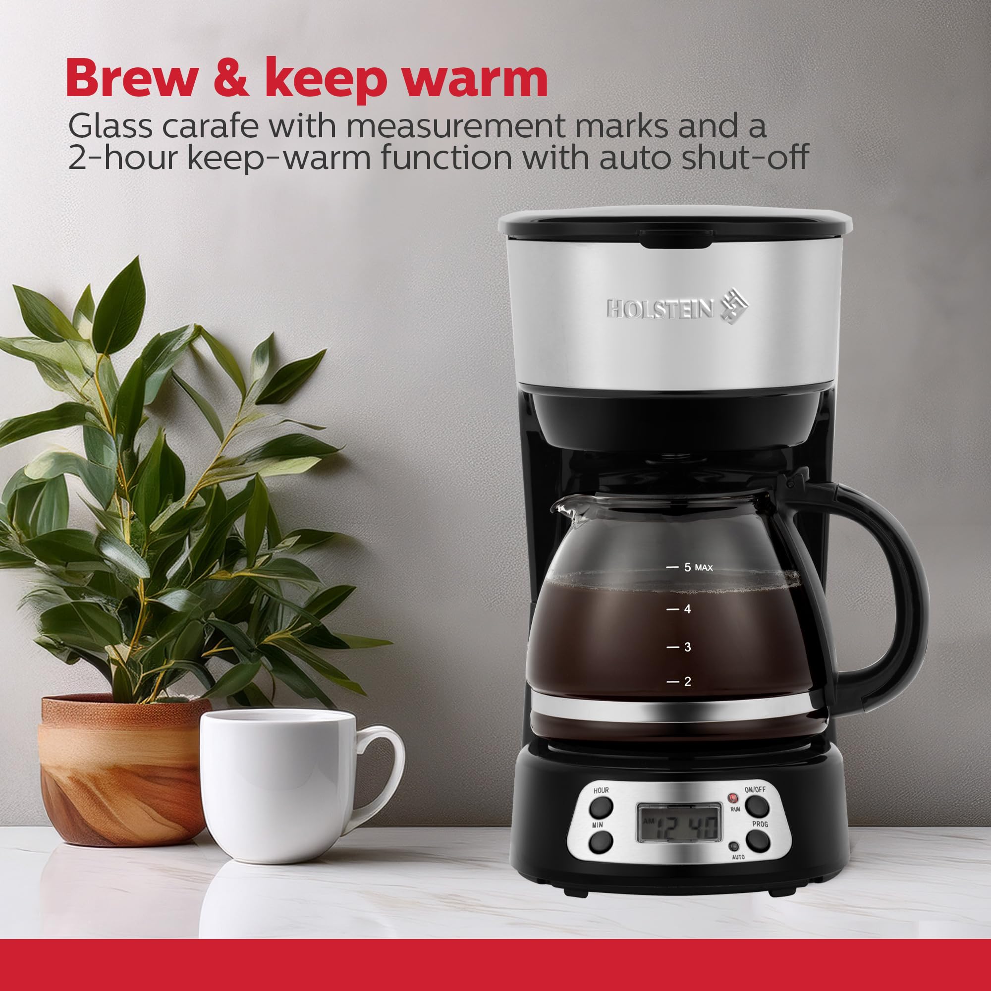 Holstein Housewares 5-Cup Programmable Coffee Maker, 25oz Drip Coffee Machine with Auto Brew Timer, Pause & Serve, Compact Design – Perfect for Home, Office & Dorm Use, Black