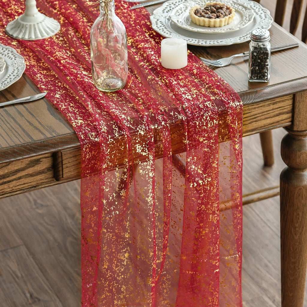 Artoid Mode 3Pcs Beige Gold Gauze Table Runner 120 Inch 10FT, Glitter Metallic Foil Sheer Dining Wedding Anniversary Holiday Birthday Table Decor for Home Party
