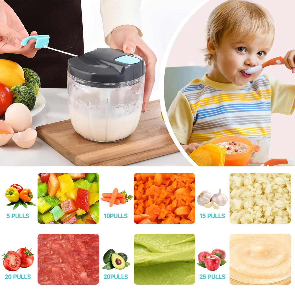Ziweaye Manual Food Processor Vegetable Chopper, Portable Hand Pull String Garlic Mincer Onion Cutter for Veggies, Ginger, Fruits, Nuts, Herbs, etc., （900ml,Gray-blue）