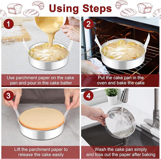 LIANYU 8 Inch Cake Pan Set of 3, Stainless Steel Round Baking Pans with 90 PCS Parchment Paper, Non Toxic Bakeware Tins for Layer Birthday Wedding Cake, Leak-proof & Dishwasher Safe